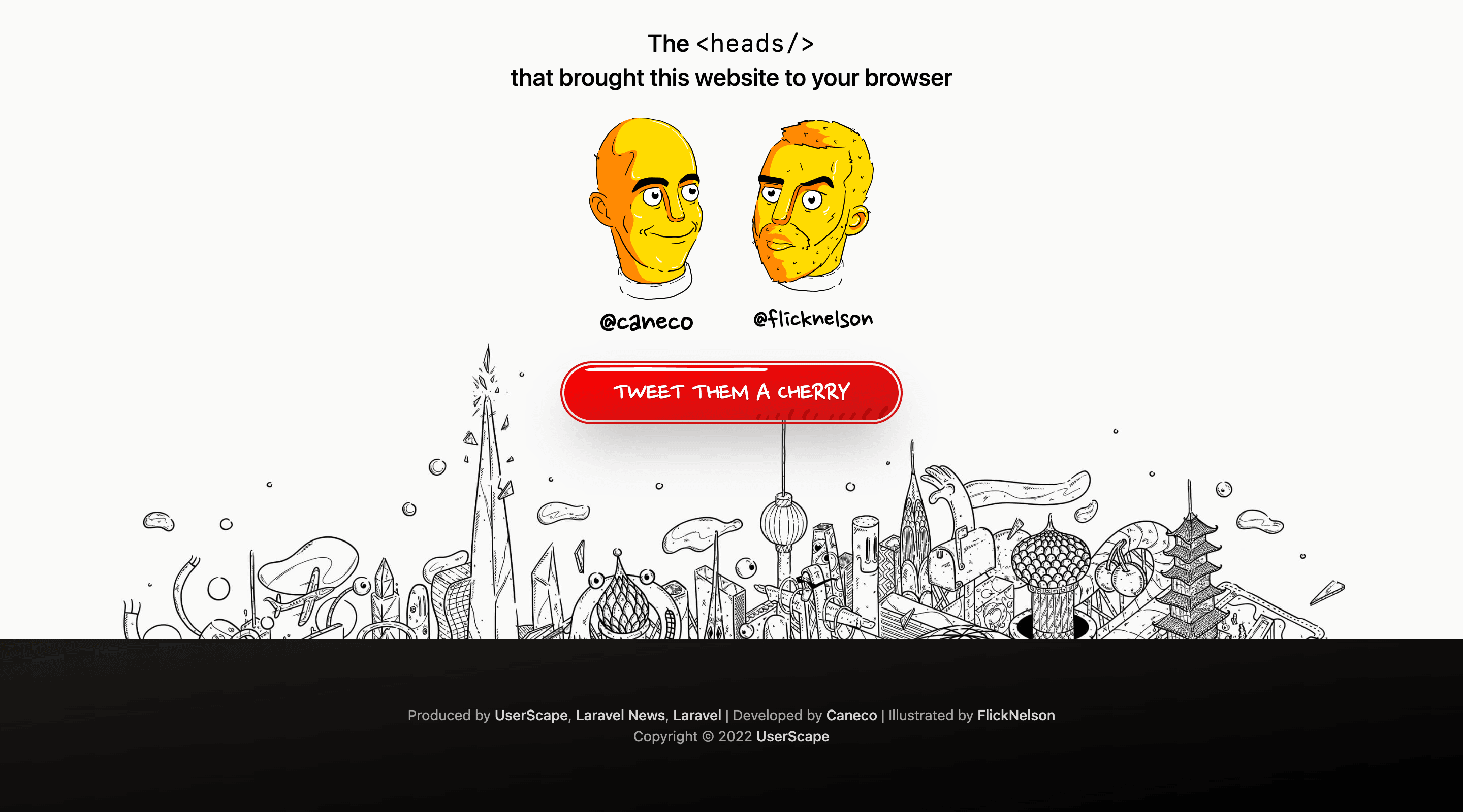 Screenshot of the footer of the Laracon Online website. There is a stylized illustration of the creators of the website, followed by a 'Tweet them a cherry' button. Below is a detailed illustration of a fantastical make believe city and site copyright notices.